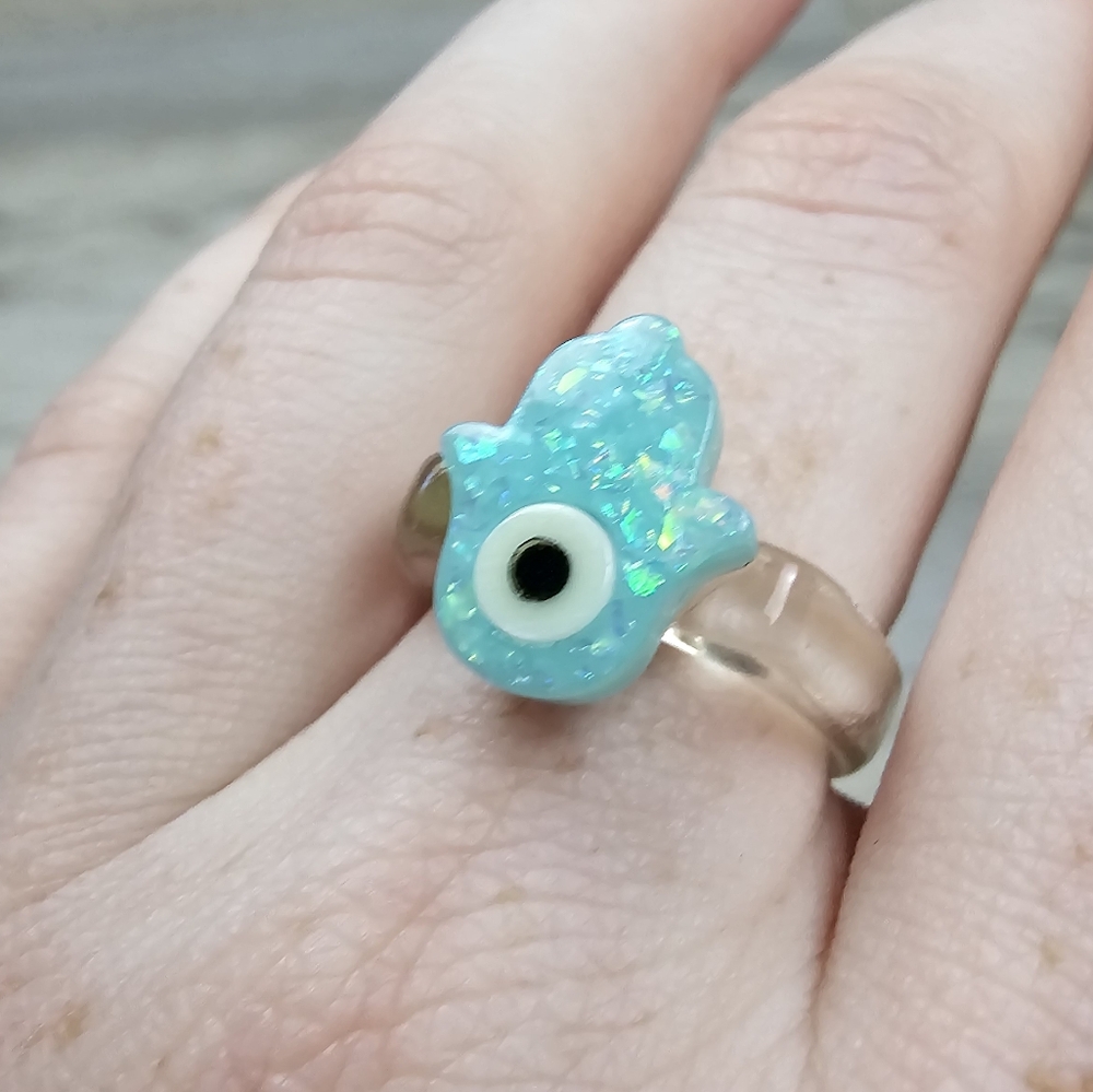 Hamsa Evil Eye Sparkle Ring Blue Y2K